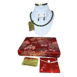 Vintage Jade Jewelry Set Gold Plated Necklace Earrings Bracelet Box Jade Dynasty